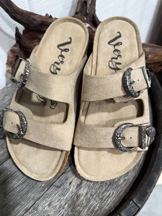 Very G Skye Western Buckle Sandals for Women – Beige Suede Cork Footbed Slide with Vintage Silver Concho Buckles - Barbwire n Bougie Boutique