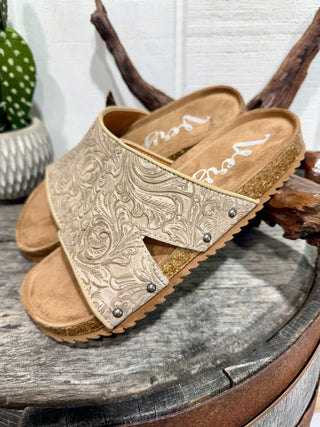 Very G Tooled Western Slide Sandals – Tan Embossed Leather Cowgirl Comfort Sandals - Barbwire n Bougie Boutique
