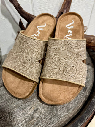 Very G Tooled Western Slide Sandals – Tan Embossed Leather Cowgirl Comfort Sandals - Barbwire n Bougie Boutique