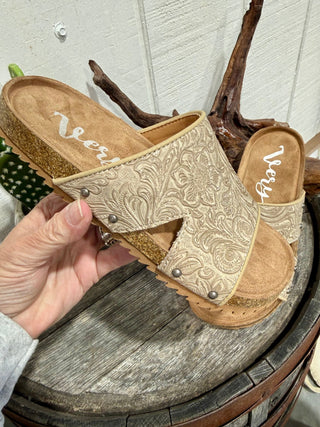 Very G Tooled Western Slide Sandals – Tan Embossed Leather Cowgirl Comfort Sandals - Barbwire n Bougie Boutique