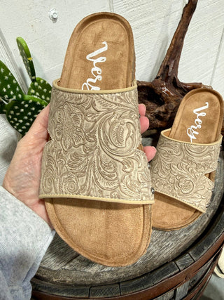 Very G Tooled Western Slide Sandals – Tan Embossed Leather Cowgirl Comfort Sandals - Barbwire n Bougie Boutique