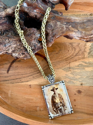 Vintage Cowboy Photo Pendant Necklace – Western Style Gold Chain Statement Jewelry - Barbwire n Bougie Boutique