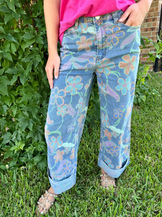 Vintage Floral Wide Leg Denim Jeans - Barbwire n Bougie Boutique