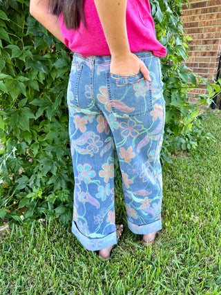 Vintage Floral Wide Leg Denim Jeans - Barbwire n Bougie Boutique