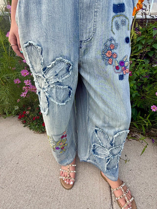 Vintage Flower Patch Denim Overalls | Boho Embroidered Wide Leg Jumpsuit- Restock coming - Barbwire n Bougie Boutique