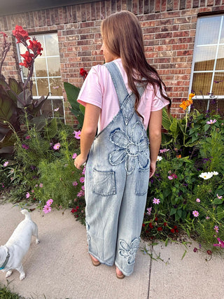 Vintage Flower Patch Denim Overalls | Boho Embroidered Wide Leg Jumpsuit- Restock coming - Barbwire n Bougie Boutique
