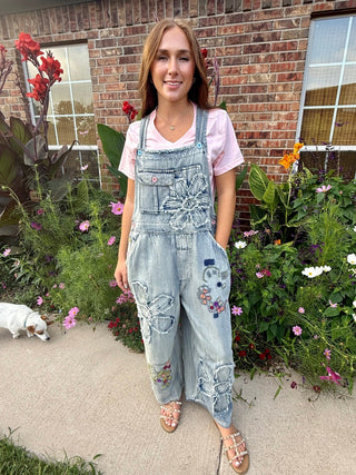 Vintage Flower Patch Denim Overalls | Boho Embroidered Wide Leg Jumpsuit- Restock coming - Barbwire n Bougie Boutique