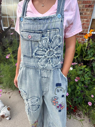 Vintage Flower Patch Denim Overalls | Boho Embroidered Wide Leg Jumpsuit- Restock coming - Barbwire n Bougie Boutique