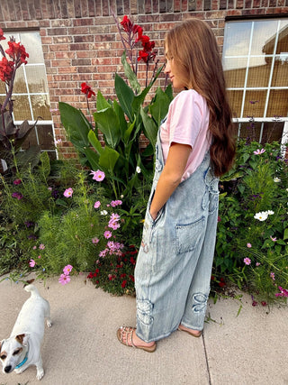 Vintage Flower Patch Denim Overalls | Boho Embroidered Wide Leg Jumpsuit- Restock coming - Barbwire n Bougie Boutique