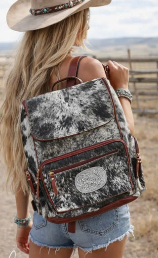 Vintage NFR Buckle Cowhide Backpack – Western Leather Conceal Carry Backpack with Tooled Flap & Laptop Compartment -Diaper Bag -ONLY ONE!! - Barbwire n Bougie Boutique