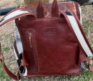 Vintage NFR Buckle Cowhide Backpack – Western Leather Conceal Carry Backpack with Tooled Flap & Laptop Compartment -Diaper Bag -ONLY ONE!! - Barbwire n Bougie Boutique