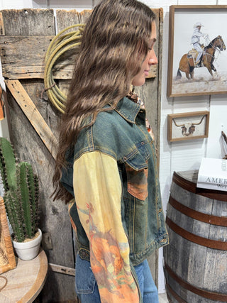 Vintage Rodeo Print Denim Jacket | Western Bucking Horse Jacket - Barbwire n Bougie Boutique