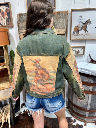 Vintage Rodeo Print Denim Jacket | Western Bucking Horse Jacket - Barbwire n Bougie Boutique