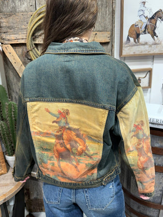Vintage Rodeo Print Denim Jacket | Western Bucking Horse Jacket - Barbwire n Bougie Boutique
