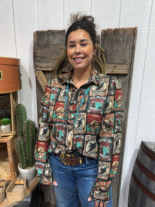 Vintage Rodeo World Tour Button Up – Retro Western Graphic Shirt - Barbwire n Bougie Boutique