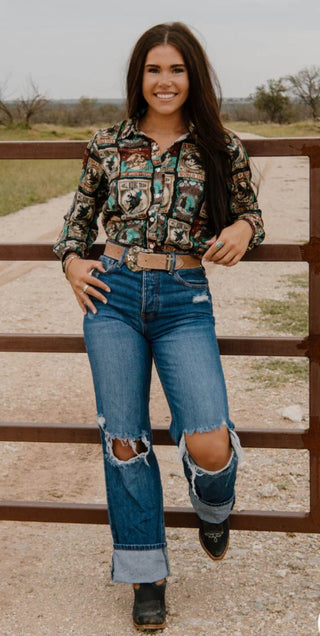 Vintage Rodeo World Tour Button Up – Retro Western Graphic Shirt - Barbwire n Bougie Boutique
