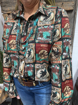 Vintage Rodeo World Tour Button Up – Retro Western Graphic Shirt - Barbwire n Bougie Boutique