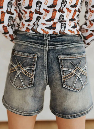 Vintage Wash Denim Shorts with Stretch, Light Distressing & Embroidered Pockets-4” Inseam - Barbwire n Bougie Boutique
