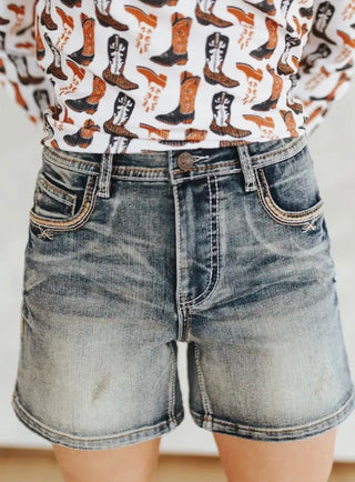 Vintage Wash Denim Shorts with Stretch, Light Distressing & Embroidered Pockets-4” Inseam - Barbwire n Bougie Boutique