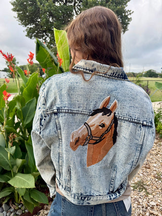 Vintage Wash Horse Embroidered Cropped Denim Jacket | Western Cowgirl Jean Jacket - Barbwire n Bougie Boutique