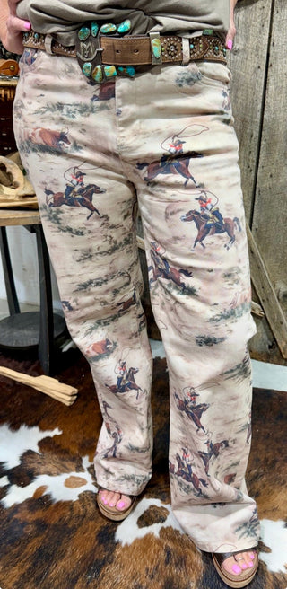 Vintage Western Cowboy Print Wide-Leg Pants – High-Waisted Retro Rodeo Trousers - Barbwire n Bougie Boutique