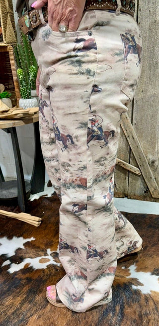 Vintage Western Cowboy Print Wide-Leg Pants – High-Waisted Retro Rodeo Trousers - Barbwire n Bougie Boutique