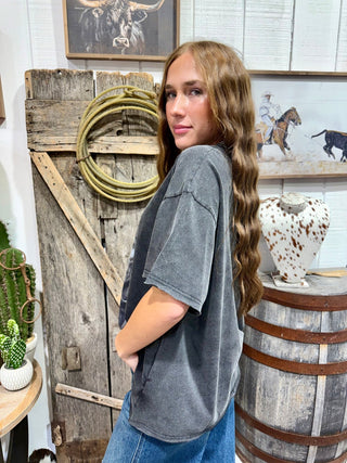 Vintage Western Warrior Graphic Tee for Women | Mineral Washed Black Relaxed T-Shirt - Barbwire n Bougie Boutique
