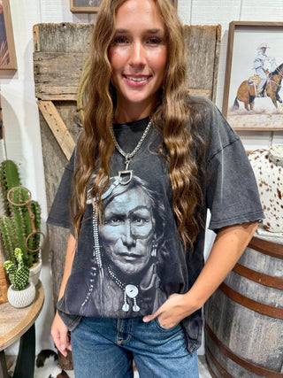 Vintage Western Warrior Graphic Tee for Women | Mineral Washed Black Relaxed T-Shirt - Barbwire n Bougie Boutique