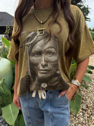Vintage Western Warrior Graphic Tee for Women | Mineral Washed Olive Relaxed T-Shirt - Barbwire n Bougie Boutique