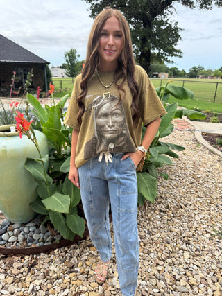 Vintage Western Warrior Graphic Tee for Women | Mineral Washed Olive Relaxed T-Shirt - Barbwire n Bougie Boutique