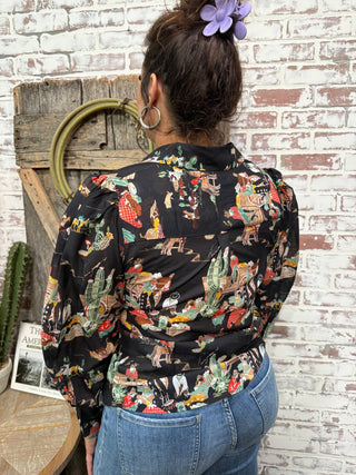 Wagon Train Western Chiffon Top – Vintage Cowgirl Print Blouse - Barbwire n Bougie Boutique
