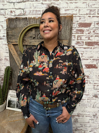 Wagon Train Western Chiffon Top – Vintage Cowgirl Print Blouse - Barbwire n Bougie Boutique
