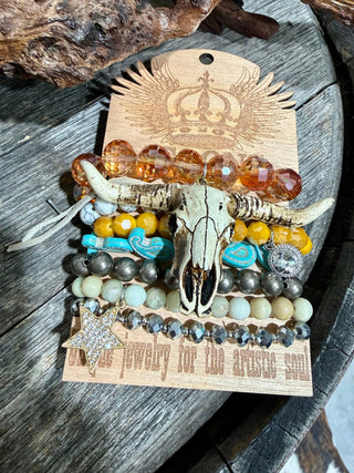 Western 7-Piece Bracelet Stack | Longhorn Skull, Turquoise & Crystal Cowgirl Bracelets - Barbwire n Bougie Boutique