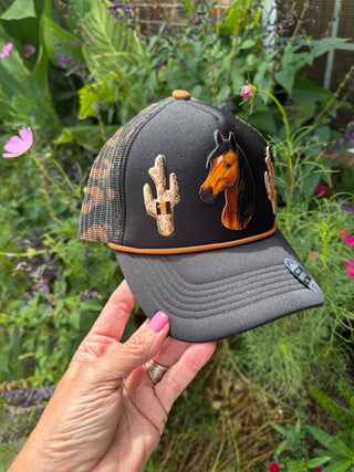 Western Bay Horse Trucker Hat with Copper Cactus Conchos | Black Camo Mesh Snapback - Barbwire n Bougie Boutique