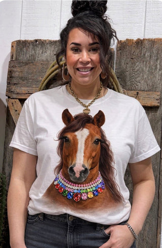 Western Bling Bling Horse Graphic Tee with Colorful Rhinestone Necklace | Cowgirl Graphic T-Shirt - Barbwire n Bougie Boutique