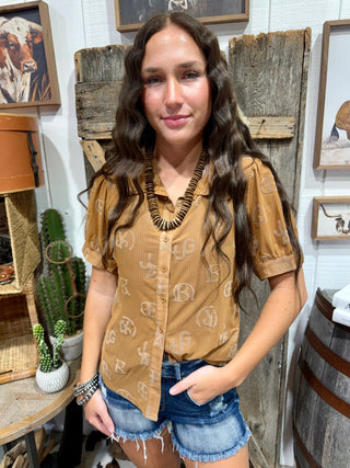 Western Brand Burnout Mesh Blouse in Saddle Brown | Burnout Button-Up Top - Barbwire n Bougie Boutique