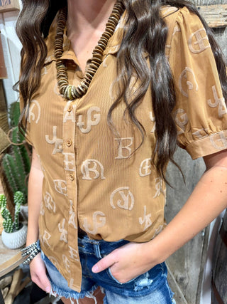 Western Brand Burnout Mesh Blouse in Saddle Brown | Burnout Button-Up Top - Barbwire n Bougie Boutique