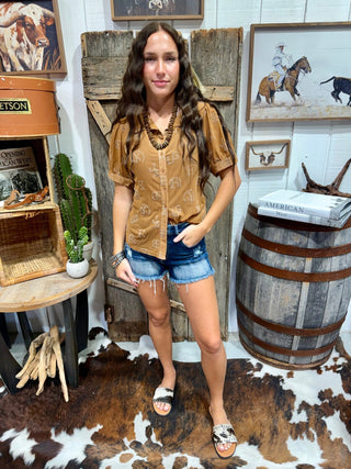 Western Brand Burnout Mesh Blouse in Saddle Brown | Burnout Button-Up Top - Barbwire n Bougie Boutique