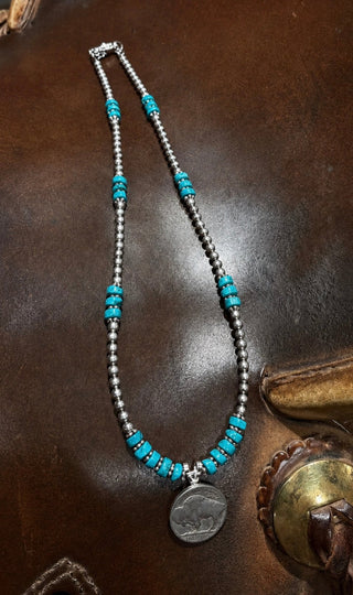 Western Buffalo Nickel Faux Navajo Pearl Necklace with Turquoise Heishi Beads - Barbwire n Bougie Boutique