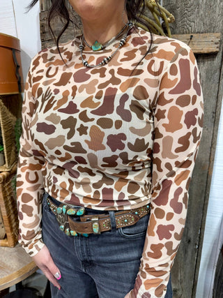 Western Camo Mesh Long Sleeve Top | Cowgirl Layering Tee - Barbwire n Bougie Boutique