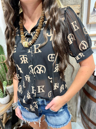 Western Cattle Brand Burnout Mesh Blouse | Black Button-Up Top - Barbwire n Bougie Boutique