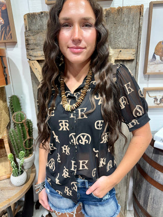 Western Cattle Brand Burnout Mesh Blouse | Black Button-Up Top - Barbwire n Bougie Boutique