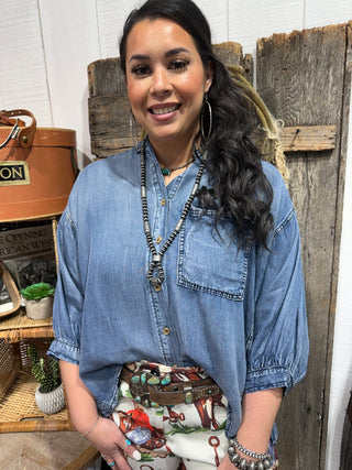 Western Chambray Denim Button-Up Blouse | Oversized-Loose Fit Cowgirl Top - Barbwire n Bougie Boutique