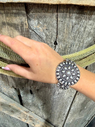 Western Concho Cuff Bracelet | Silver-Tone Southwestern Statement Bracelet for Women - Barbwire n Bougie Boutique