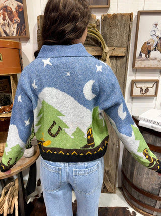 Western Cowboy Scenic Cardigan Sweater | Blue Multi Collared Button-Up Knit - Barbwire n Bougie Boutique