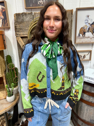 Western Cowboy Scenic Cardigan Sweater | Blue Multi Collared Button-Up Knit - Barbwire n Bougie Boutique