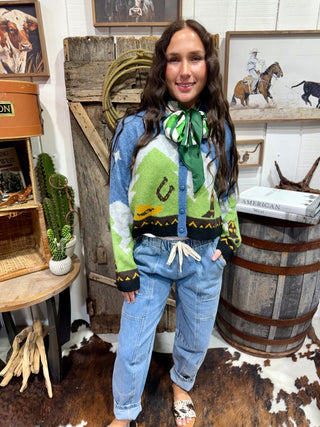 Western Cowboy Scenic Cardigan Sweater | Blue Multi Collared Button-Up Knit - Barbwire n Bougie Boutique
