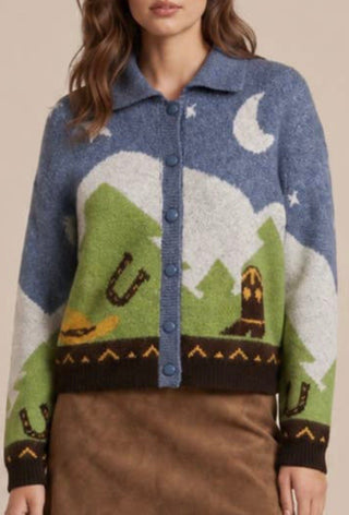 Western Cowboy Scenic Cardigan Sweater | Blue Multi Collared Button-Up Knit - Barbwire n Bougie Boutique