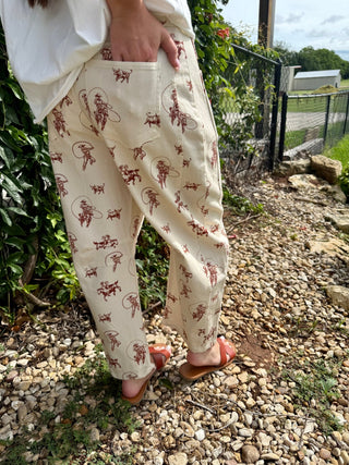 Western Cowboy Toile Barrel Leg Pants – High Waisted Cowgirl Print Twill Trousers- FINAL SALE! - Barbwire n Bougie Boutique