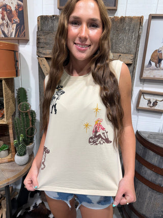 Western Cowgirl Embroidery Tank Top for Women | Cream Sleeveless Graphic Rodeo Tee - Barbwire n Bougie Boutique